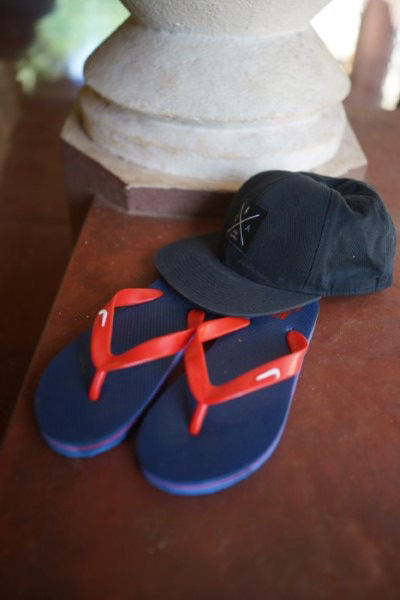 A sample of the sandals and caps given out