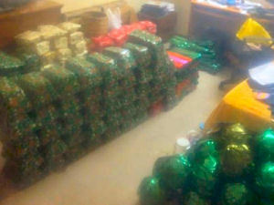 Some of the wrapped Christmas presents waiting for some luck street kids.